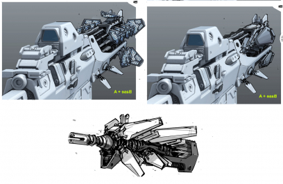 E-Tech Assault Rifle Barrel First Person View concept art from Borderlands 2 by Kevin Duc