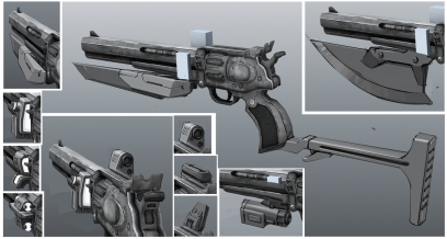 E-Tech Pistol Accessories concept art from Borderlands 2 by Kevin Duc