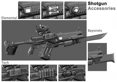 E-Tech Shotgun Accessories concept art from Borderlands 2 by Kevin Duc