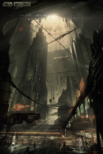 Street concept art from Star Wars 1313 by Gustavo Mendonca