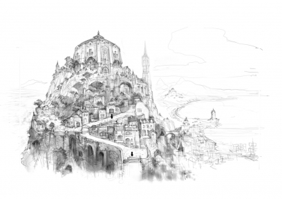 Town On Hill Sketch concept art from the video game Bravely Default