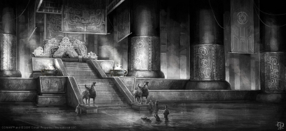 Jade Citadel Emperor's Throne Room concept art from the video game Age of Conan: Unchained by Grant Regan