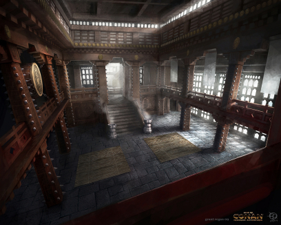 Khitai Warmonk Monastery Interior concept art from the video game Age of Conan: Unchained by Grant Regan