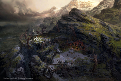 Northern Grasslands Desecrated Temple Area concept art from the video game Age of Conan: Unchained