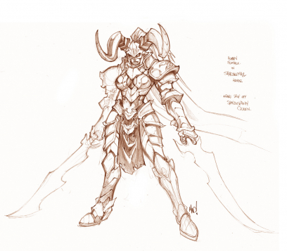 Shadow Armor Female concept art from the video game Dungeon Runners by Joe Madureira