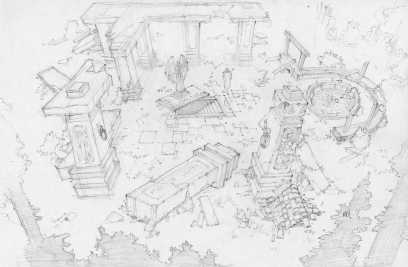 Forest Ruins concept art from the video game Dungeon Runners by Joe Madureira