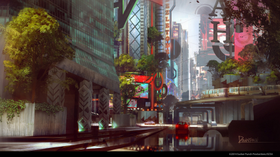 Downtown concept art from the video game inFAMOUS Second Son by Levi Hopkins