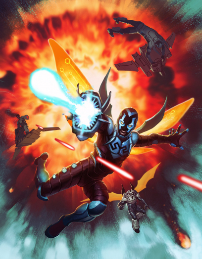 Blue Beetle concept art from the video game Infinite Crisis