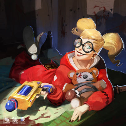 Slumberparty Harleyquinn concept art from the video game Infinite Crisis by Phong Nguyen