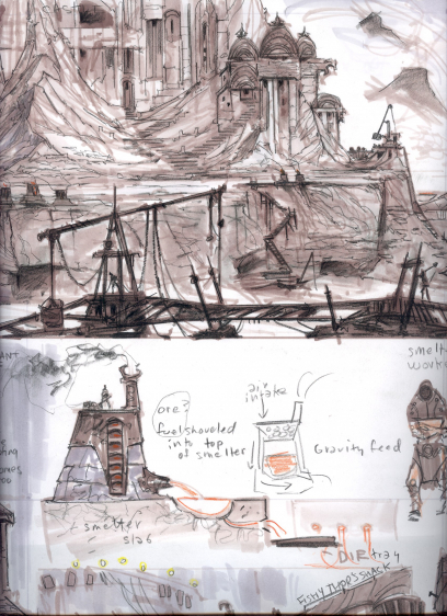 Riverfront concept art from The Elder Scrolls V: Skyrim by Adam Adamowicz