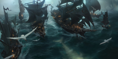 Concept art of Hunting Fleet from the video game Legends Of Runeterra by Sixmorevodka and William Gist and Monika Palosz