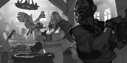 Concept art of Kindly Innkeeper Sketch from the video game Legends Of Runeterra by Sixmorevodka and Claudiu Antoniu Magherusan