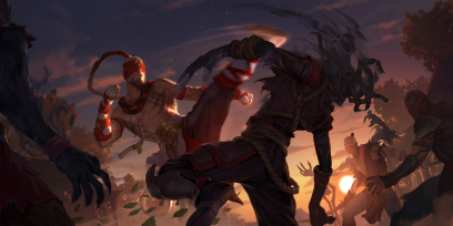 Concept art of Lee Sin from the video game Legends Of Runeterra by Sixmorevodka and Claudiu Antoniu Magherusan and Gerald Parel and Monika Palosz