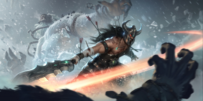 Concept art of Tryndamere from the video game Legends Of Runeterra by Sixmorevodka and Michal Ivan and Claudiu Antoniu Magherusan and Maki Planas Mata and Gerald Parel and Jelena Kevic Djurdjevic
