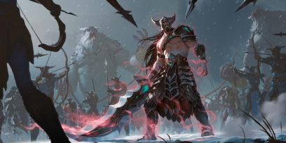 Concept art of Tryndamere from the video game Legends Of Runeterra by Sixmorevodka and Claudiu Antoniu Magherusan and Hugo Lam and Valentin Gloaguen