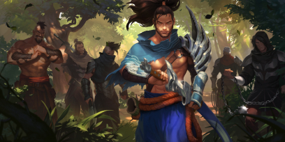 Concept art of Yasuo from the video game Legends Of Runeterra by Sixmorevodka and Alessandro Poli and Valentin Gloaguen and Zheng Qu