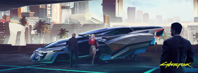 Concept art of Neomilitarism Exteriors from the video game Cyberpunk 2077