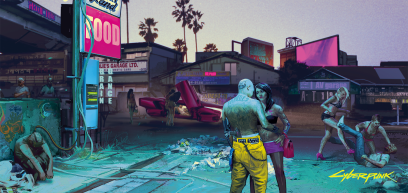 Concept art of Street Life from the video game Cyberpunk 2077