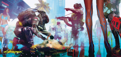 Concept art of Trauma Team In Action from the video game Cyberpunk 2077