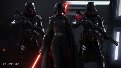 Concept art of Inquisitor And Purge Troopers Hunting Down Jedis from the video game Star Wars Jedi Fallen Order by Jordan Lamarre Wan