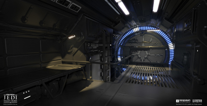 Concept art of Stinger Mantis Engine Room from the video game Star Wars Jedi Fallen Order by Jean Francois Rey