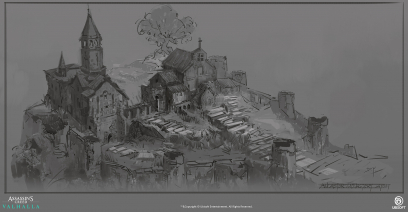 Concept art of Ancaster Monastery from the video game Assassin's Creed Valhalla by Donglu Yu