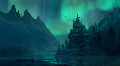 Concept art of Northern Lights from the video game Assassin's Creed Valhalla by Raphael Lacoste