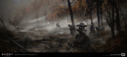 Concept art of Charred Lands from the video game Ghost Of Tsushima by Ian Jun Wei Chiew
