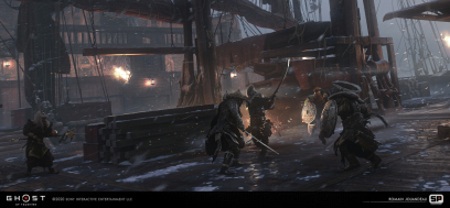 Concept art of Khan's Boat from the video game Ghost Of Tsushima by Romain Jouandeau