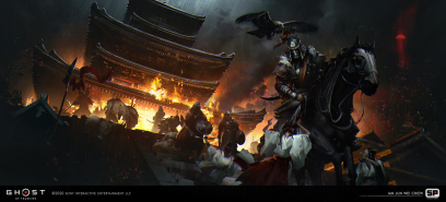 Concept art of Pagoda Desecration from the video game Ghost Of Tsushima by Ian Jun Wei Chiew