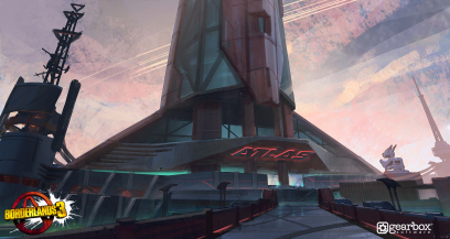 Concept art of Atlas Building from the video game Borderlands 3 by Adam Ybarra