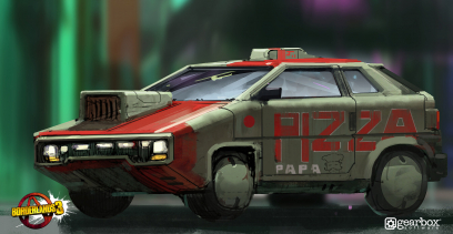 Concept art of Pizza Car from the video game Borderlands 3 by Adam Ybarra