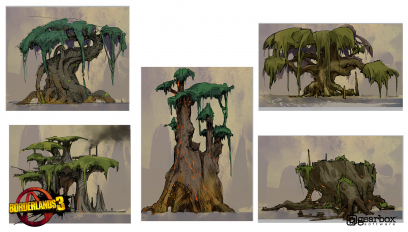 Concept art of Eden 6 Trees from the video game Borderlands 3 by Adam Ybarra