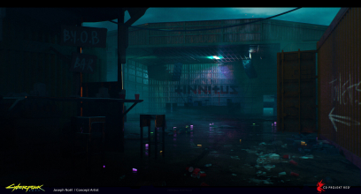 Concept art of Abandoned Rave from the video game Cyberpunk 2077 by Joseph Noël