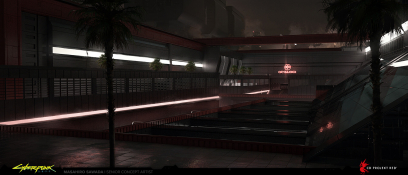 Concept art of Arasaka Warehouse from the video game Cyberpunk 2077 by Masahiro Sawada