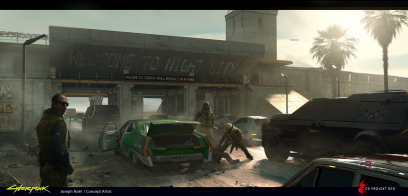 Concept art of Border Crossing from the video game Cyberpunk 2077 by Joseph Noël