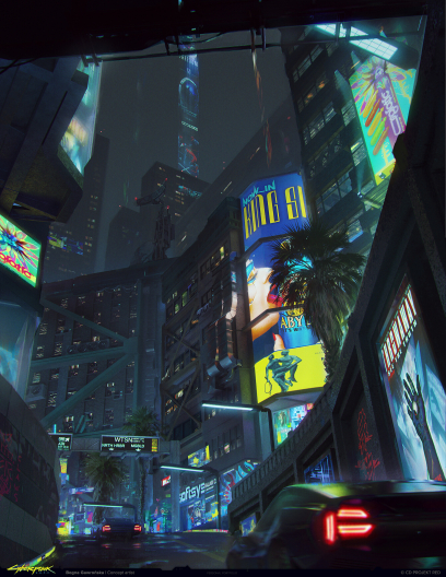 Concept art of City Street from the video game Cyberpunk 2077 by Bogna Gawrońska