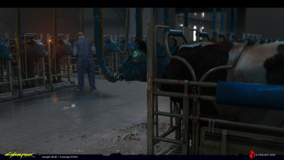 Concept art of Cybercow Farm from the video game Cyberpunk 2077 by Joseph Noël
