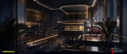 Concept art of Fancy Restaurant from the video game Cyberpunk 2077 by Marta Leydy