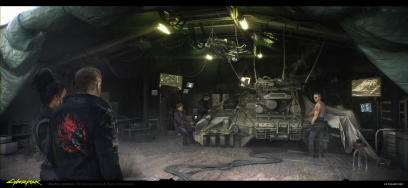 Concept art of Garage from the video game Cyberpunk 2077 by Marthe Jonkers