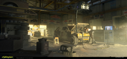Concept art of Nomad Garage from the video game Cyberpunk 2077 by Ward Lindhout