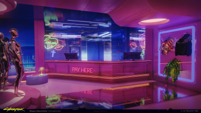 Concept art of Shop Interior from the video game Cyberpunk 2077 by Bogna Gawrońska