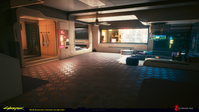 Concept art of V's Apartment from the video game Cyberpunk 2077 by Marek Brzezinski