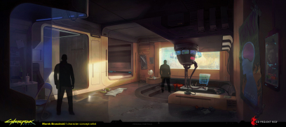 Concept art of V's Apartment from the video game Cyberpunk 2077 by Marek Brzezinski