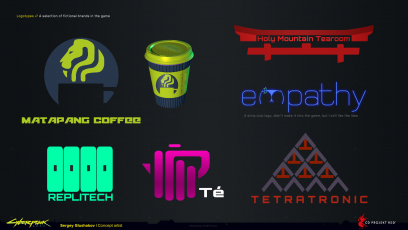 Concept art of Logos from the video game Cyberpunk 2077 by Sergey Glushakov