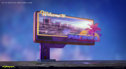 Concept art of Pacifica Welcome Sign from the video game Cyberpunk 2077 by Bogna Gawrońska