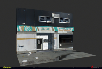 Concept art of Shop Facade from the video game Cyberpunk 2077 by Michal Lisowski