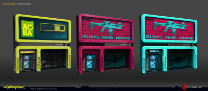 Concept art of Shop Facades from the video game Cyberpunk 2077 by Marta Leydy