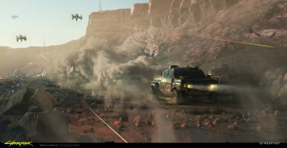 Concept art of Badlands Drone Chase from the video game Cyberpunk 2077 by Ward Lindhout