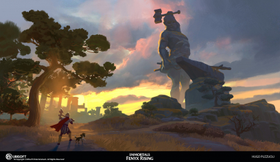 Concept art of Hephaistos Statue from the video game Immortals Fenyx Rising by Hugo Puzzuoli
